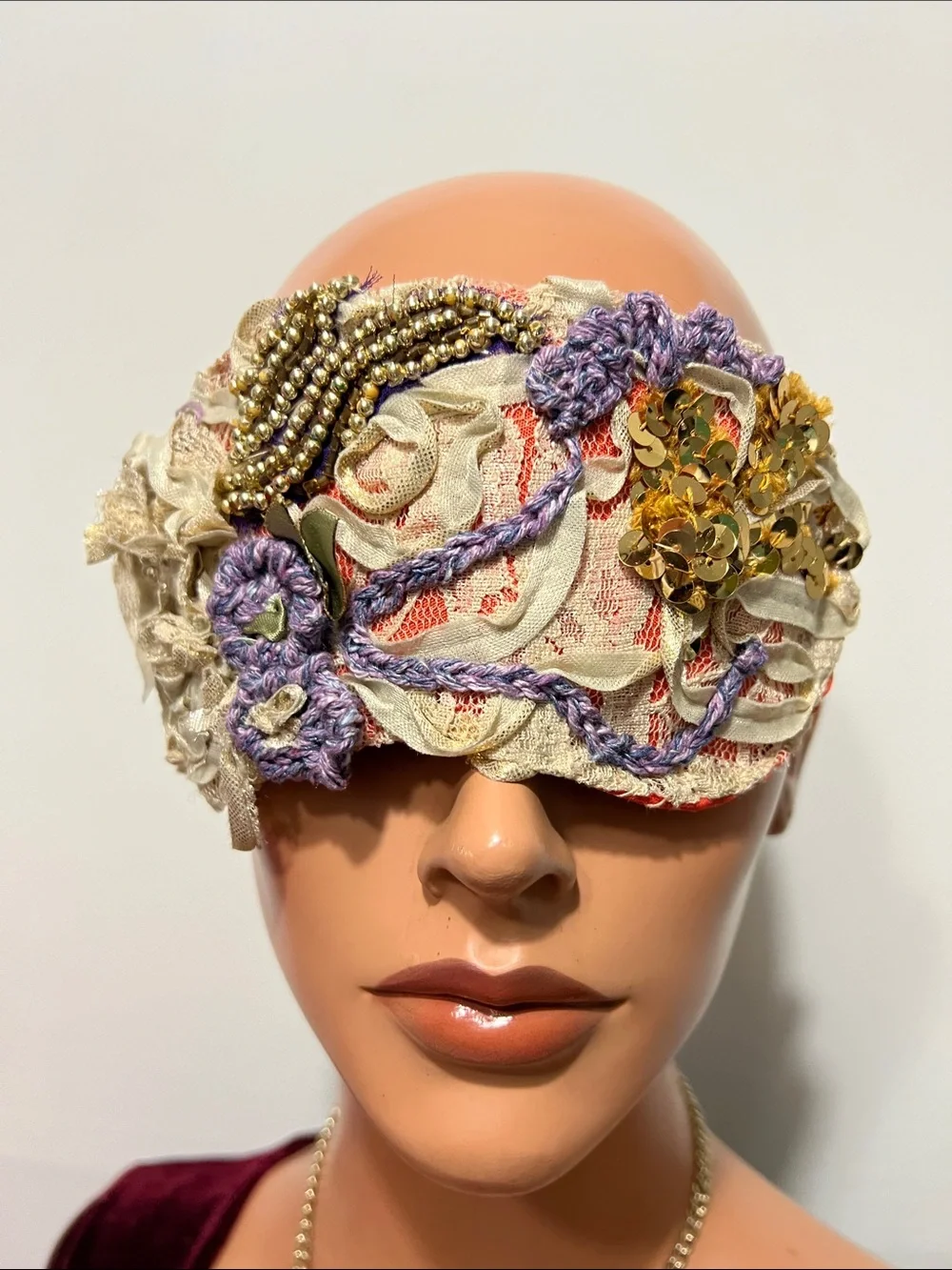Embellished Cream and Lavender Lace Sleep Mask